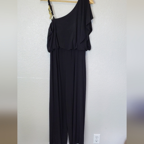 💚5/$25 Emma & Michele Black Gold Chain One-Shoulder Dressy Jumpsuit Wide Leg - Picture 7 of 7